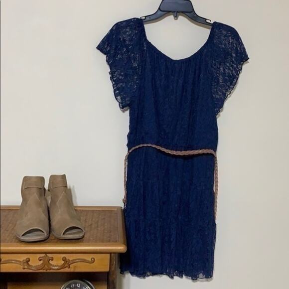 Blue Lace Dress Sheer Short Sleeve Slip Juniors Size Large - Picture 5 of 5